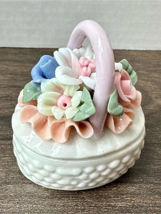 Vintage Capodimonte Style Porcelain Floral Basket Trinket Box - Tiny Chip