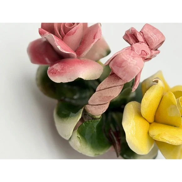 Vintage Capodimonte Porcelain Flower Basket with Bow Pink Yellow Roses Figurine