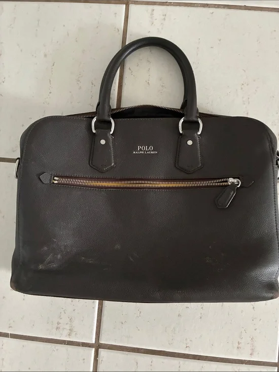 Polo by Ralph Lauren Chocolate Brown Pebbled Leather Briefcase with Front Zip