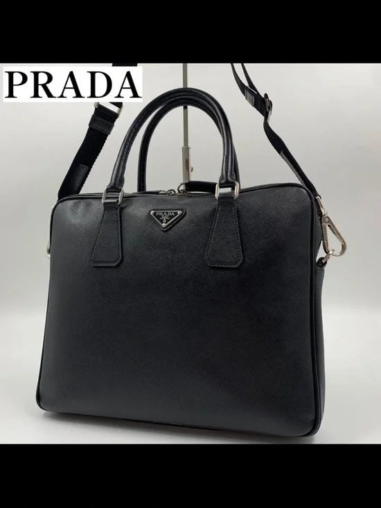 Prada Black Saffiano Leather Briefcase with Detachable Strap