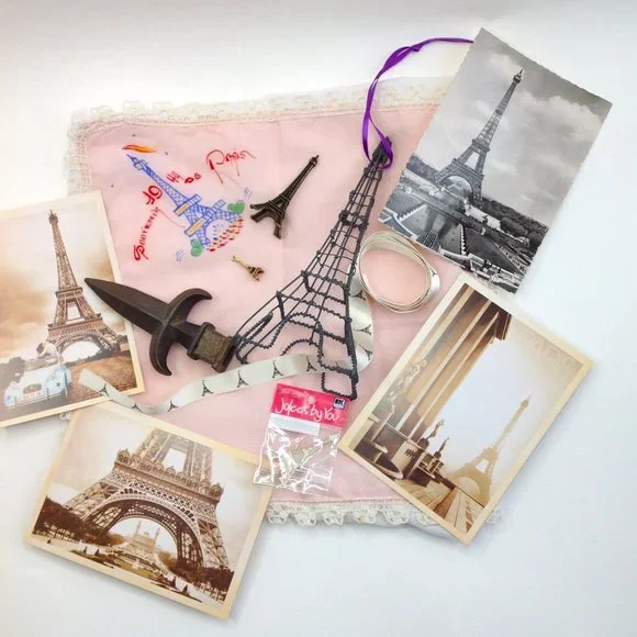 Paris Eiffel Tower Charm Decor Postcards Ribbon Hankie