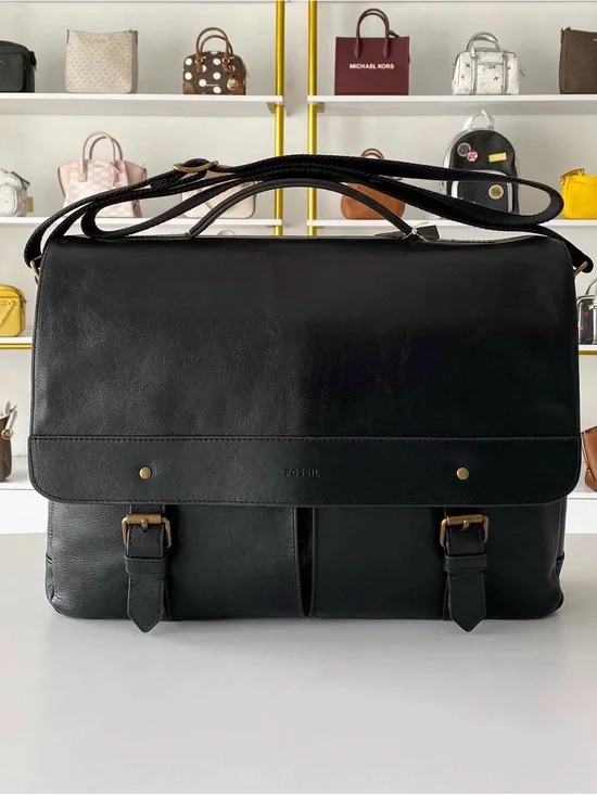 Fossil Black Leather Double-Buckle Messenger Bag