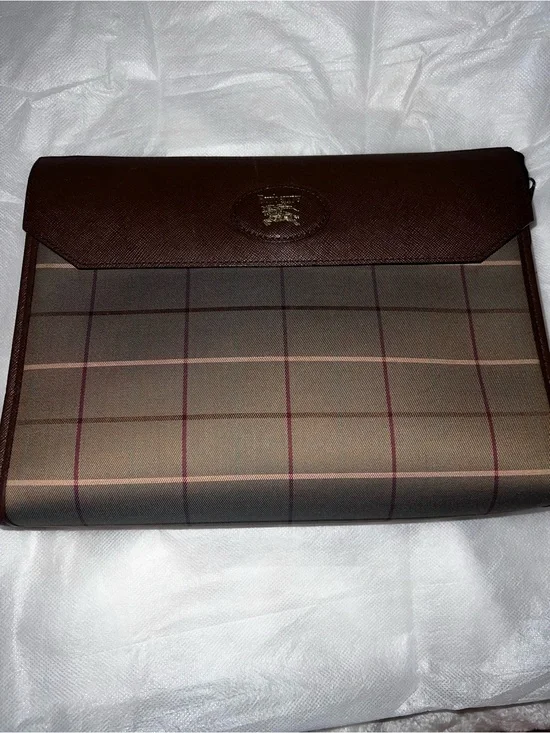 Burberry Brown Plaid Leather-Trim pouch