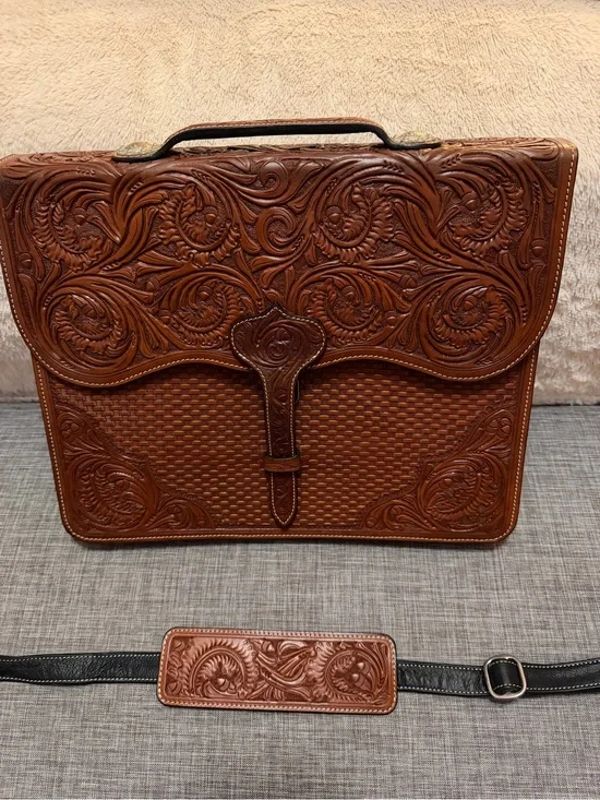 Premium Tooled Leather Crossbody Briefcase - Brown