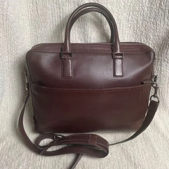 Cole Haan leather deep Brown Hamilton laptop bag with silver tone hardwares