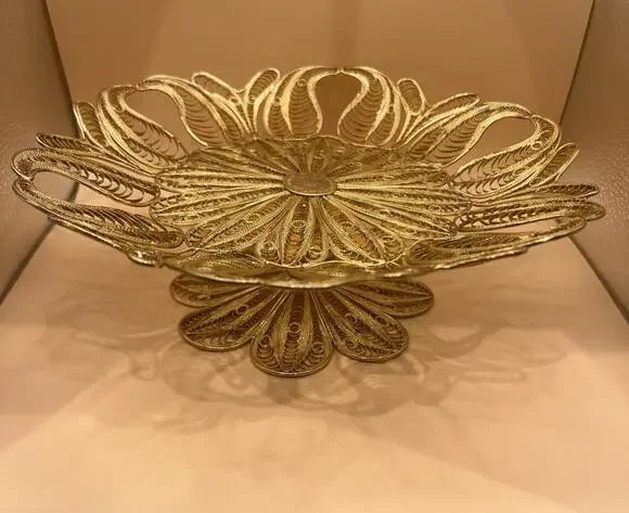 Vtg Gold Tone Peacock Filigree Islamic Ottoman Ronac Handicraft Tray Dish Decor