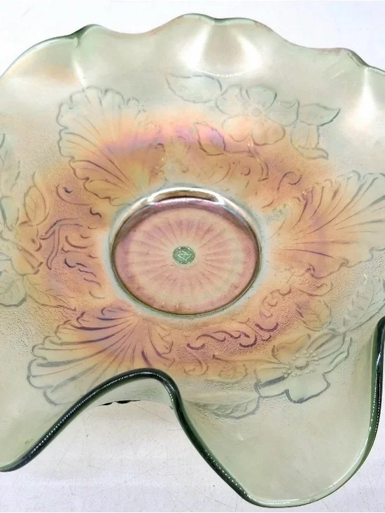 Antique Northwood Green Carnival Glass Blossom and Palm Ruffled Iridescent Bowl