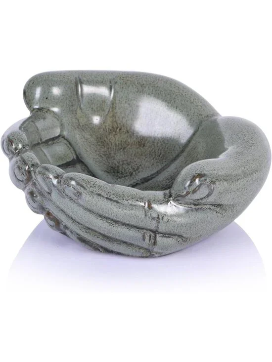 Vintage Green Ceramic Hands Bowl Dish - Candy Holder, Succulent Planter & Key