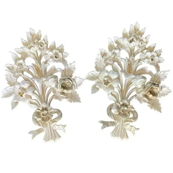 Vintage EuroMarchi Italy‎ Gold Gilt Floral Wall Decor Hollywood Regency Set Pair