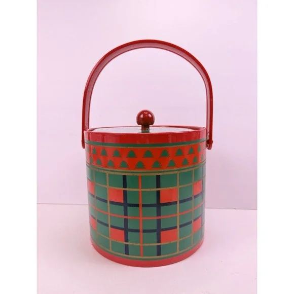 Vintage George Briard MCM Tartan  Christmas Plaid Cocktail Cart Ice Bucket