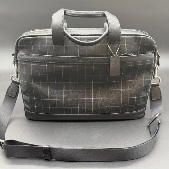 COACH Bag Briefcase Business Men's Leather Black‎ F71561 HUDSON Rare Plaid NWOT