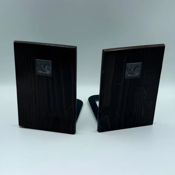 Vintage Mid Century Modern Pegasus Wood Bookends MCM Dark Brown Silver Set of 2