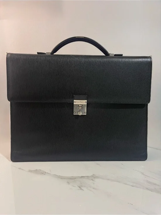 Salvatore Ferragamo Black Textured Leather Briefcase with Silver Hardware