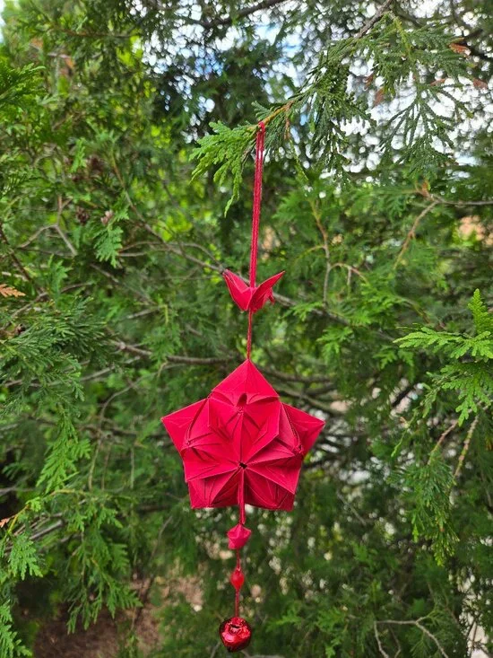 Handmade Origami Ornament | Red 5-petaled Crane Bell