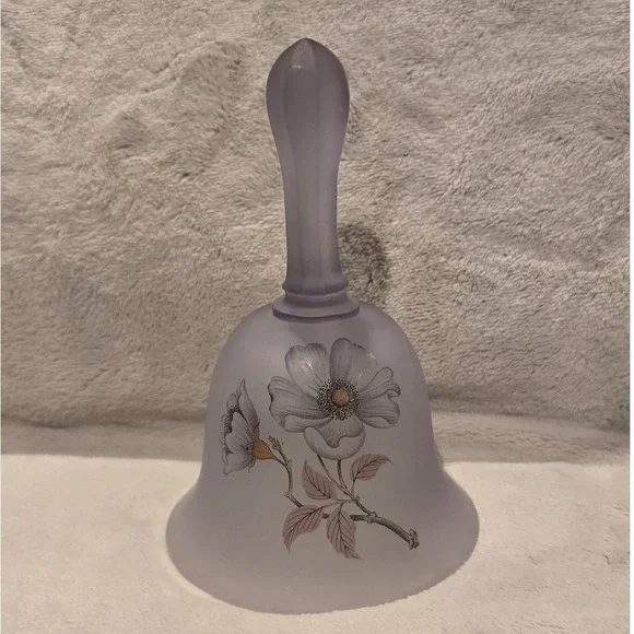 Viking Glass Frosted Lavender Satin Hand Painted Floral Dinner Bell Made in USA