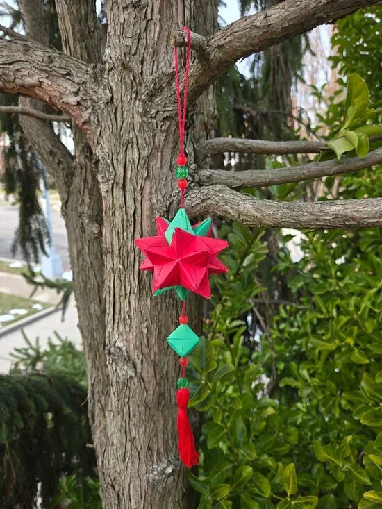 Handmade Kusudama Ornament | Red & Green Box Tassel