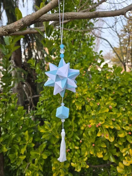 Handmade Kusudama Ornament | White & Blue Box Tassel