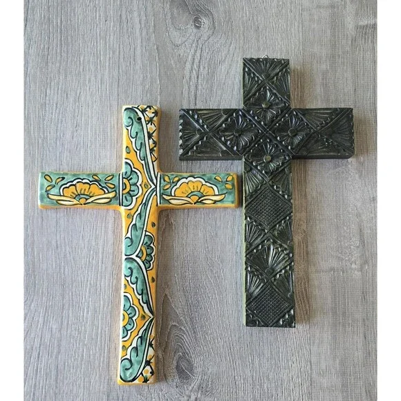 2 -  Large Cross Mexico Ceramic Pottery & Green Carved Wood Art