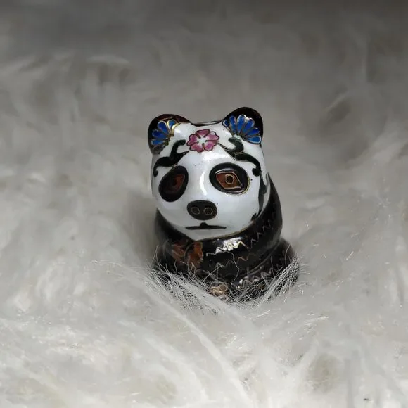 VTG Chinese Cloisonne Mutli Colored Floral Pattern Panda Bear Figurine