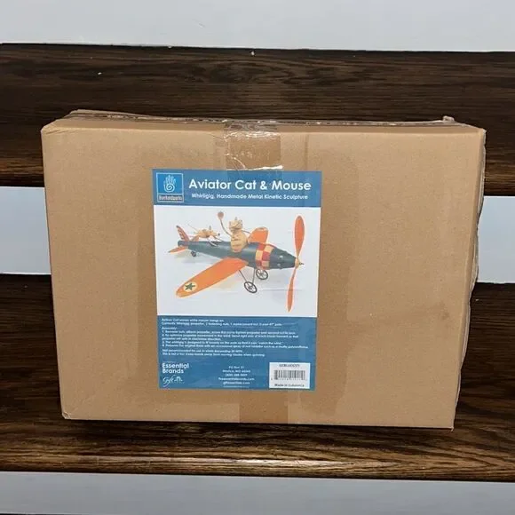 New Garden AVIATOR CAT & MOUSE WHIRLIGIG WIND SPINNER KINETIC SCULPTURE Airplane