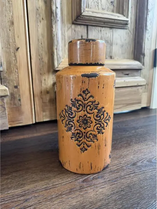 Hobby Lobby | Orange - Brown Distressed Decorative Canister | 1082