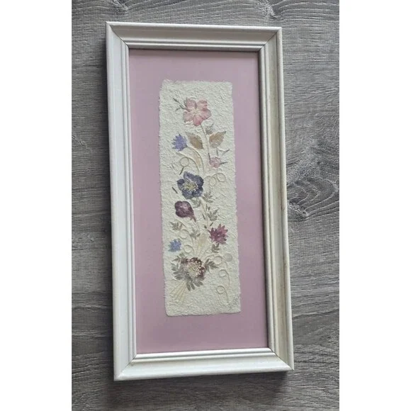 1997 Art Framed Pressed Dried Flowers Handmade Madagascar Signed Cottage Core