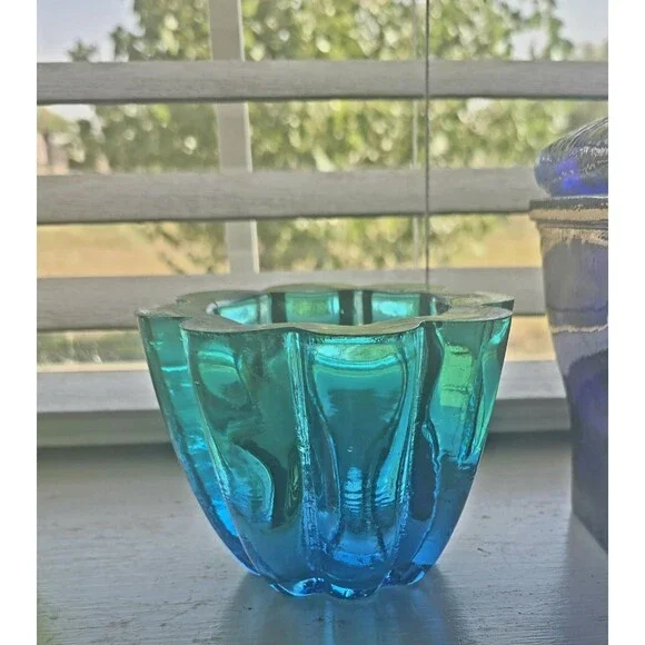 Vintage recycled glass votive bowl in Turquoise Blue/ Green Ombre Made in Spain