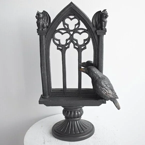 Gothic Black Resin Cathedral Window Mirror Bat Wings Cat Gargoyle Raven Decor
