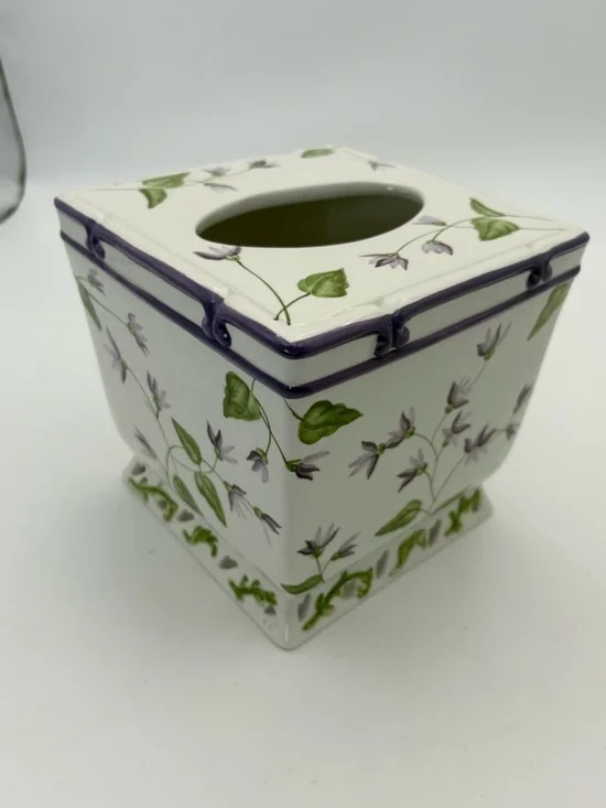 Veratex Violets Floral Ceramic Tissue Box Cover in White with Purple Trim