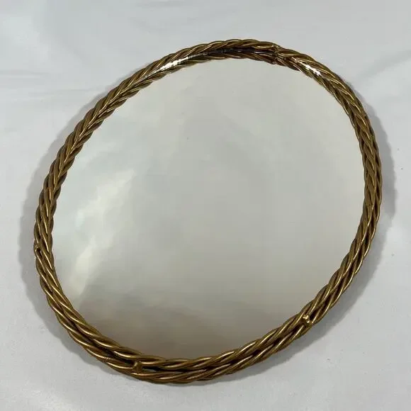 Vintage Gold Twisted Braided Metal Rope Framed Oval Wall Mirror Tray 12.5x9.5”