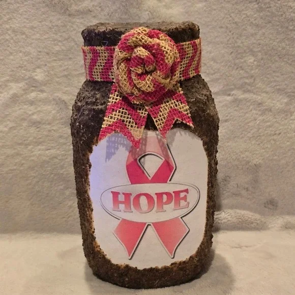 Rustic Breast Cancer Awareness Hope Decorative Jar Pink Ribbon Burlap Flower