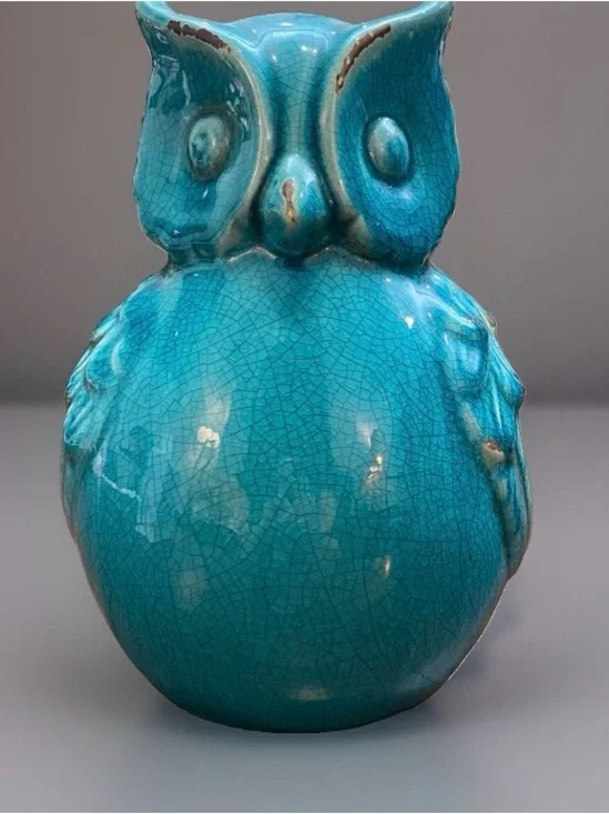 Large 9” Teal/Turquoise Ceramic Owl Figurine - Aged Vintage Look Home Decor