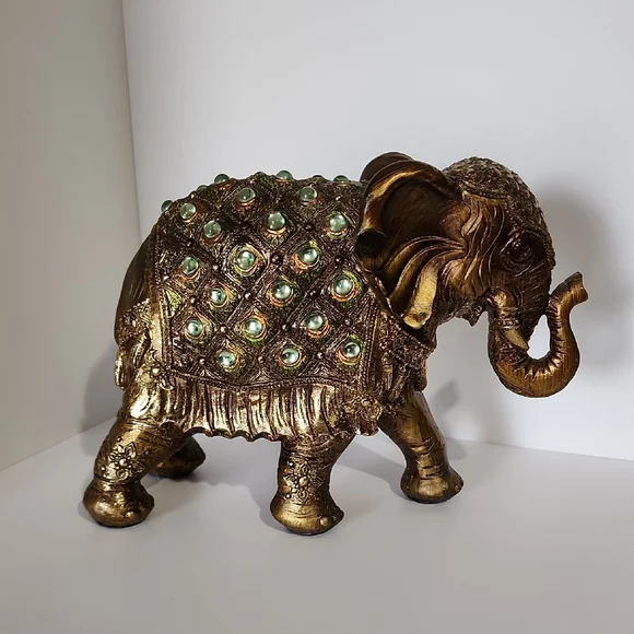 Trunk Up Gold Elephant Figurine with Green Accents
