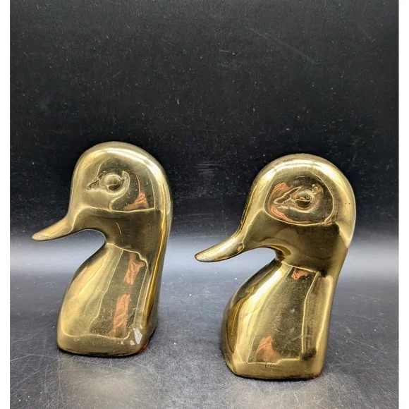 Vintage Solid Brass Duck Head Bookends Set Polished Gold Tone Mid Century Decor
