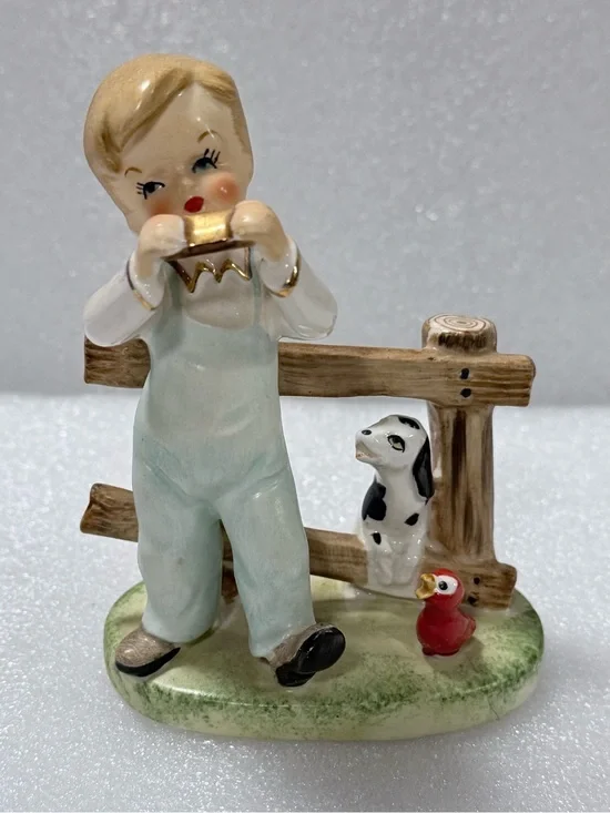 Vintage Japan Porcelain Figurine Boy playing Harmonica