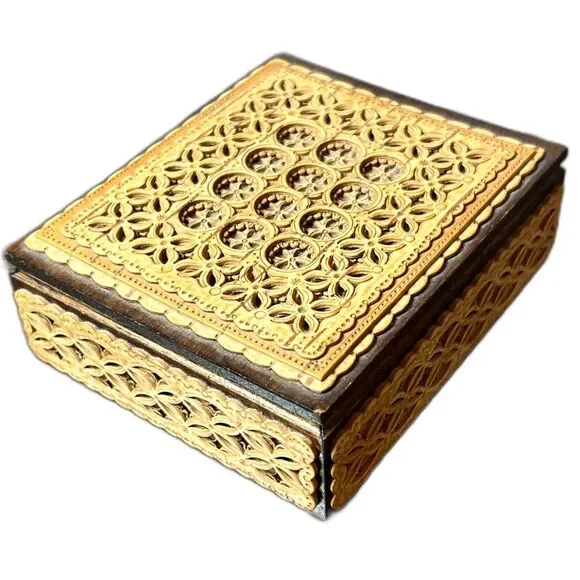 Russian Carved Jewelry Box Container Wood Latticed Pierced Panels Wooden Storage