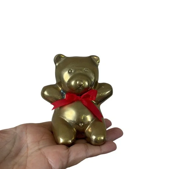 Vintage Solid Brass Teddy Bear Figurine Paperweight Red Ribbon Made in Taiwan