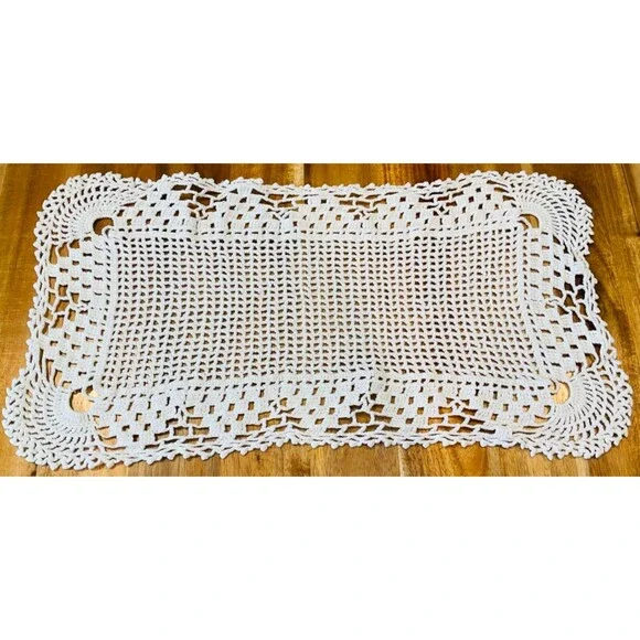 Rectangular Off-White Cotton Crocheted Doily 13.5” x 6”