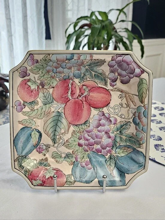 Vintage Andrea by Sadek Porcelain Square Decorative Plate Fruit Macau Style 8
