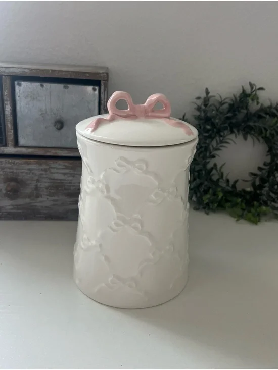 New Small Pink Bow Embossed Ceramic Canister