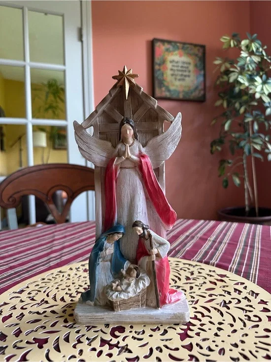 Hand-Painted Nativity Figurine with Angel in Red and Blue