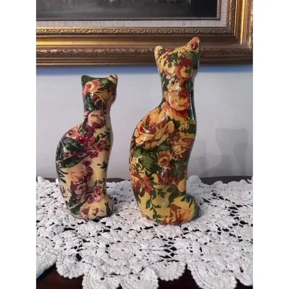 Vintage La Vie Decoupage Ceramic Cat Figurine Statue Floral Patchwork Rose 11