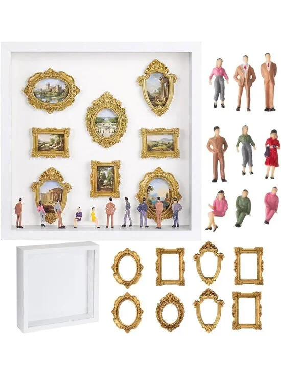 DIY Mini Silhouette Shadow Box Frame Kit with 8 Gold Frames & 9 Figurines - Home