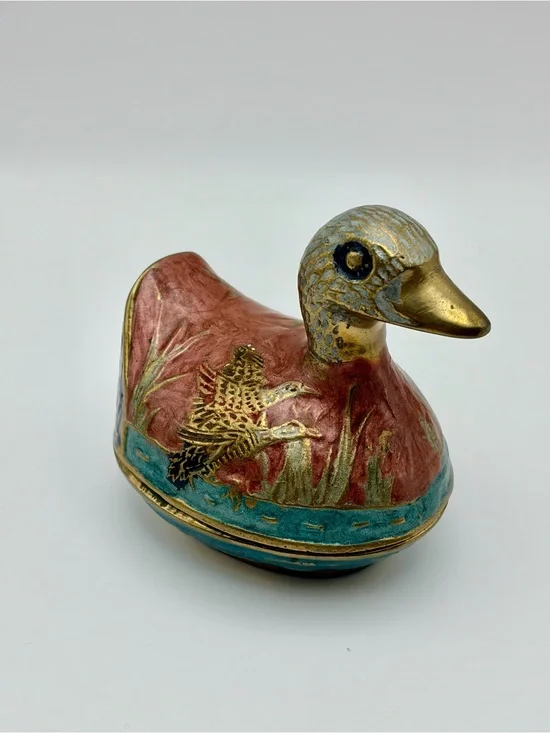 Vintage, Cloisonné, Brass, 2 piece, Duck Trinket Box, Made in India