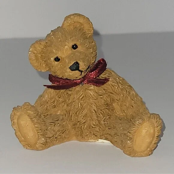 Small Decorative Brown Teddy Bear Figurine with Red Bow