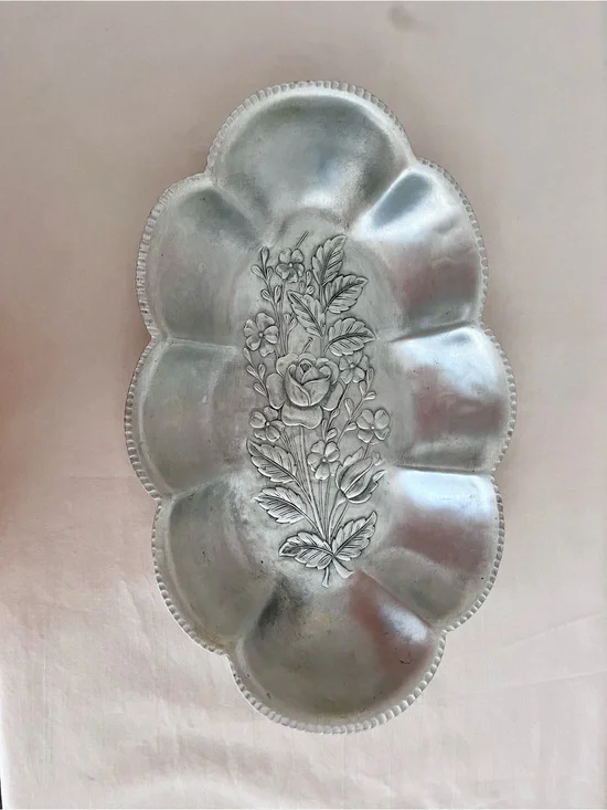 Vintage Floral Embossed Aluminum Silver-Tone Dish