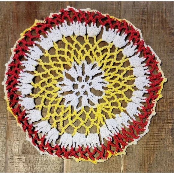 VTG Retro Crochet Red White Yellow Cotton Doily Round Granny Cottage Core 13