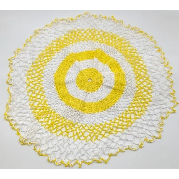 Retro Bright Yellow White Round Handmade Crocheted Cotton Doily Table Cover 18