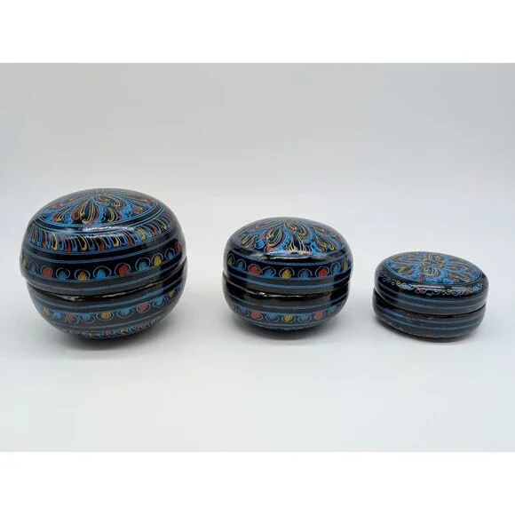 VTG Kashmir India Paper Mache Jewelry Nesting Boxes Black Mandala Hand Painted