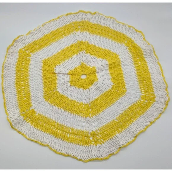 Retro Bright Yellow White Round Handmade Crocheted Cotton Doily 17.5